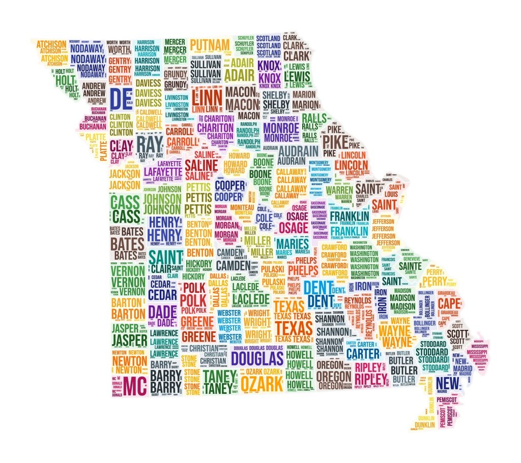 Colorful Missouri county word cloud